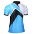 A polo shirt featuring a striking design in blue, black, and white colours with a logo on the back.