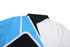 A polo shirt featuring a black collar and a vibrant design in blue, white, and black on the back.
