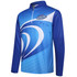 A long-sleeve lawn bowling uniform featuring a blue gradient design with a white swirl pattern and a logo.