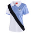 A girls' polo shirt in light blue, white, and black with a school logo on the chest.