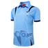 A light blue sublimation polo with a logo and design elements. Features a collar and contrasting black stripes.