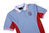 A light blue and red polo shirt with a collar and a logo on the front.