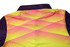 A fluorescent yellow polo shirt with purple sleeves and a geometric pink pattern on the back. It features a branding logo.