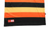A striped polo shirt featuring orange, black, and yellow colours, with a small branding logo on the bottom.