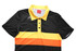 A women's polo shirt featuring black, yellow, and orange horizontal stripes, with a logo on the front.