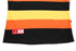 A striped polo shirt featuring orange, yellow, and black colours, with a logo on the side.