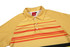 A yellow polo shirt with red and orange stripes, featuring a collar and buttons, along with a logo.