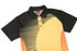 A custom club polo with a yellow and black design, featuring stripes and orange accents. It has a collar and buttons.