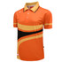 An orange polo shirt featuring black and yellow wave patterns, with a logo on the front.