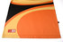 A customised polo featuring vibrant orange, black, and yellow patterns with a logo on the bottom corner.