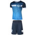A blue and navy volleyball uniform featuring a patterned jersey and matching shorts, with a logo on the shirt.