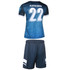 A blue volleyball uniform featuring a jersey with a gradient design and matching shorts, both with a logo.