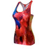 A vibrant fitness singlet in red with a splash of blue and yellow hues. It features a logo on the back.