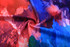 A vibrant fabric featuring a swirl of red, blue, and orange splashes, ideal for a fitness singlet.