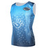 A sleeveless blue singlet vest featuring a handprint design and a logo on the front.