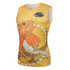 A yellow singlet featuring a colourful lizard design and a logo.