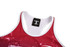 A women's running suit featuring a vibrant red design, with a racerback style and a branding logo on the tag.