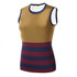 A sleeveless top in gold, maroon, and navy stripes, featuring a round neckline and a fitted design. Includes a logo.