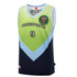A green and navy basketball singlet with a logo, featuring a v-neck and sleeveless design.