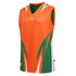 A sleeveless reversible singlet in vibrant orange and green with a logo on the front.