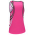 A pink women's singlet with black and white design elements, featuring a logo on the back.