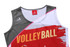 A volleyball singlet in white and grey, featuring a vibrant red graphic and branding logo.