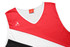 A sleeveless sports singlet featuring a red, white, and black design with a logo on the front.