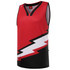 A red and black sleeveless sports singlet featuring a lightning bolt design and a logo.