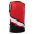 A sleeveless lady's singlet in red and black, featuring a bold abstract design on the back and a logo.