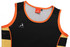 A black singlet with orange and yellow stripes and a logo on the front. Features a round neckline and sleeveless design.