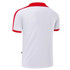A white T-shirt with a red collar and sleeves, featuring a logo on the back.