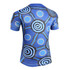 A sublimated t-shirt with a blue background featuring Indigenous-inspired circular patterns and a logo.