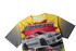 A vibrant yellow and grey 100% cotton racer tee featuring graphic car designs and a logo.