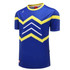 A blue promotional tee with yellow and white zigzag patterns and a logo on the upper left.
