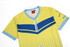 A yellow handball jersey featuring blue stripes and accents, with a logo on one sleeve.