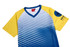 A blue and yellow archery team shirt features a striped design and a logo on the sleeve.