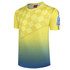 A yellow and blue gradient shirt featuring a checkerboard pattern and a logo on the sleeve.