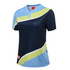 A blue and navy women’s shirt with a vibrant green and white design, featuring a logo on the front.