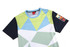 A colourful t-shirt featuring geometric patterns in light blue, green, and navy with a logo on the sleeve.