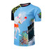 A blue polo shirt with a vibrant design featuring a table tennis player and abstract graphics. It has a logo on one sleeve.