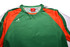 A green and orange sports shirt with short sleeves and a logo on the front.