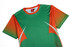 A custom-made T-shirt in green and orange with a dynamic design and a logo on the neckline.