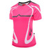 A pink women's t-shirt with white accents and a logo on the neckline.
