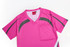 A bright pink custom lady T-shirt with grey accents and a logo on the chest area.