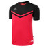 A red and black sport T-shirt featuring a chevron design and branding logo on the chest.