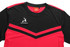 A black and red sports T-shirt with a logo and contrasting design elements on the front.