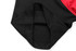 A black and red garment featuring a cut-and-sew design with a rounded hem and stitched detailing.