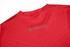 A red custom apparel shirt with a small logo and text printed on the back.