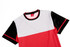A red sportswear T-shirt with black sleeves and a striped white panel on the front, featuring a logo.