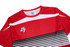 A red uniform t-shirt with white accents and horizontal black stripes, featuring a logo on the front.
